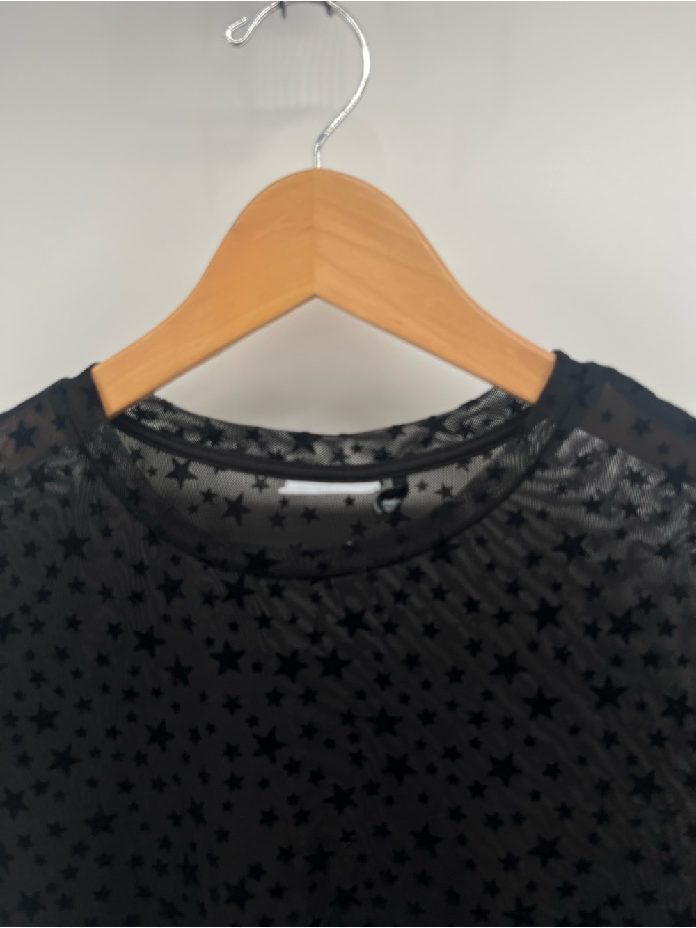 Noisy May Sheer Star Mesh Top XS Black Flocked Stars See Through Layering Tee - Picture 6 of 7